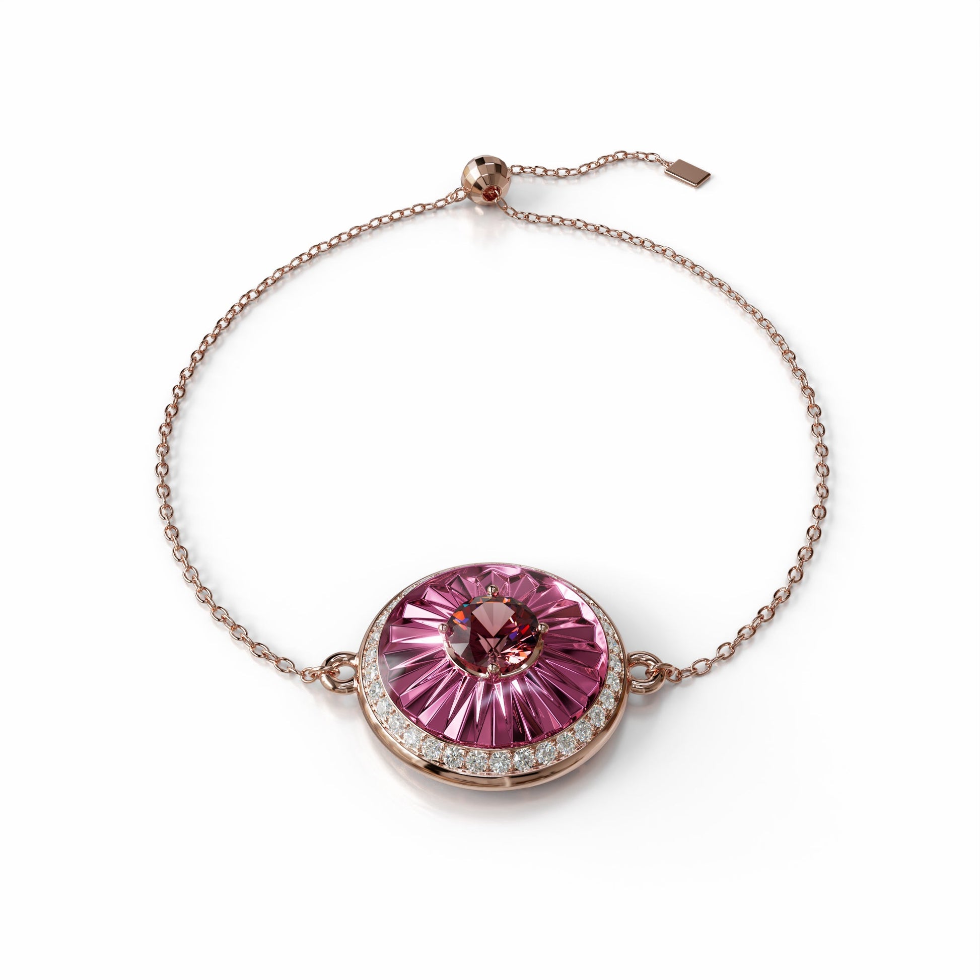 18k rose gold bracelet with rubellite, diamond halo, and burgundy enamel