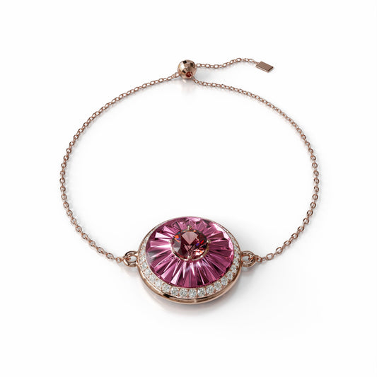 18k rose gold bracelet with rubellite, diamond halo, and burgundy enamel