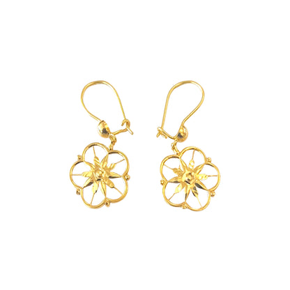 Gold floral earrings on a white background