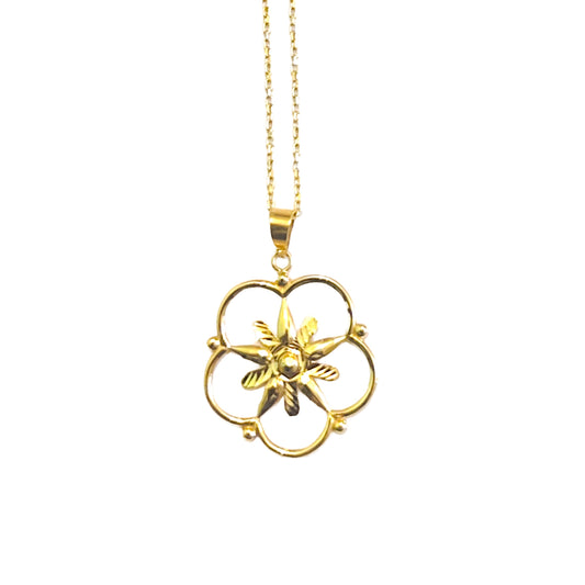 Gold necklace with a floral pendant on a white background