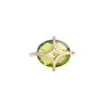 A gold ring featuring a large, round, faceted green gemstone in a four-prong setting, shown against a light gray background.
