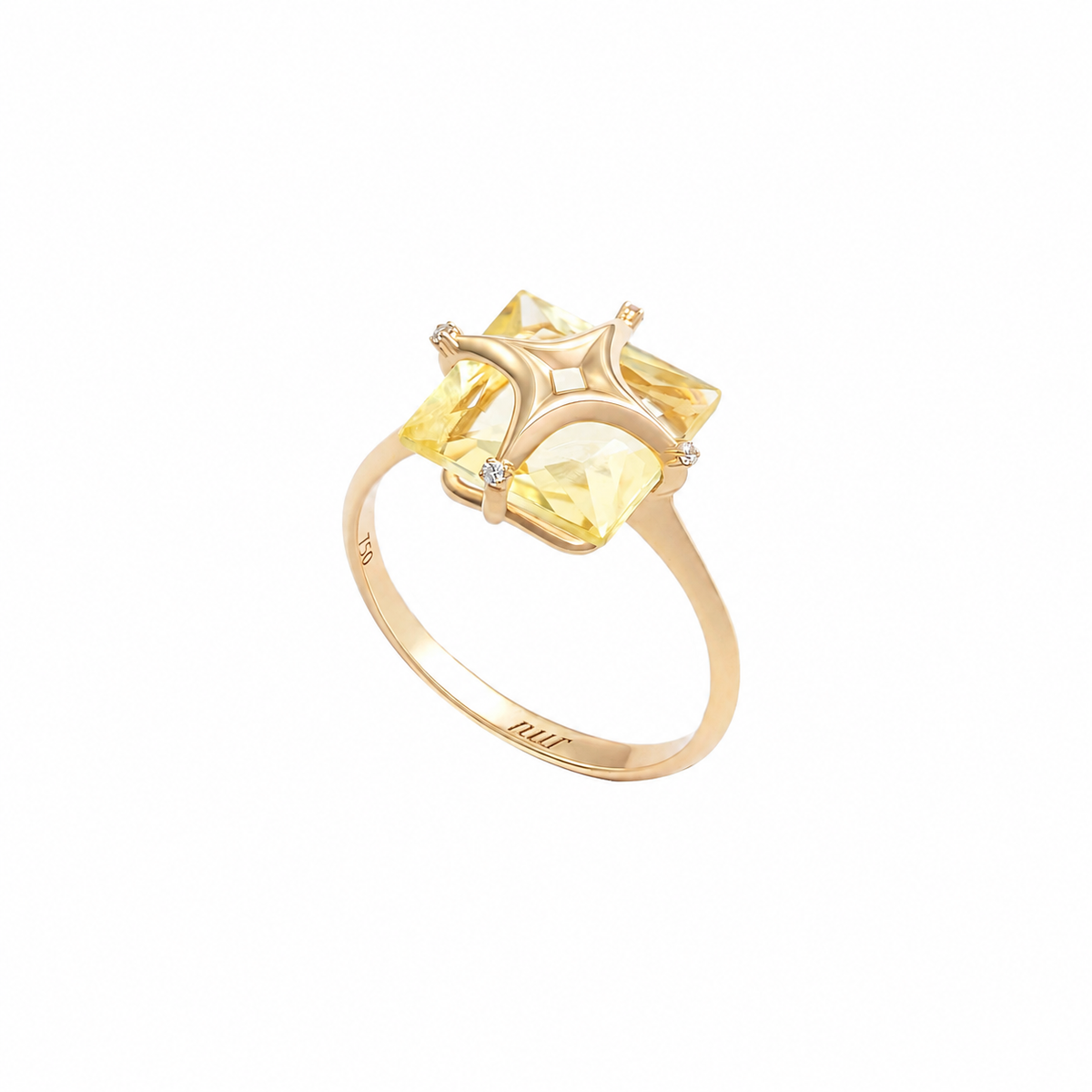 Gold ring with a yellow gemstone on a white background