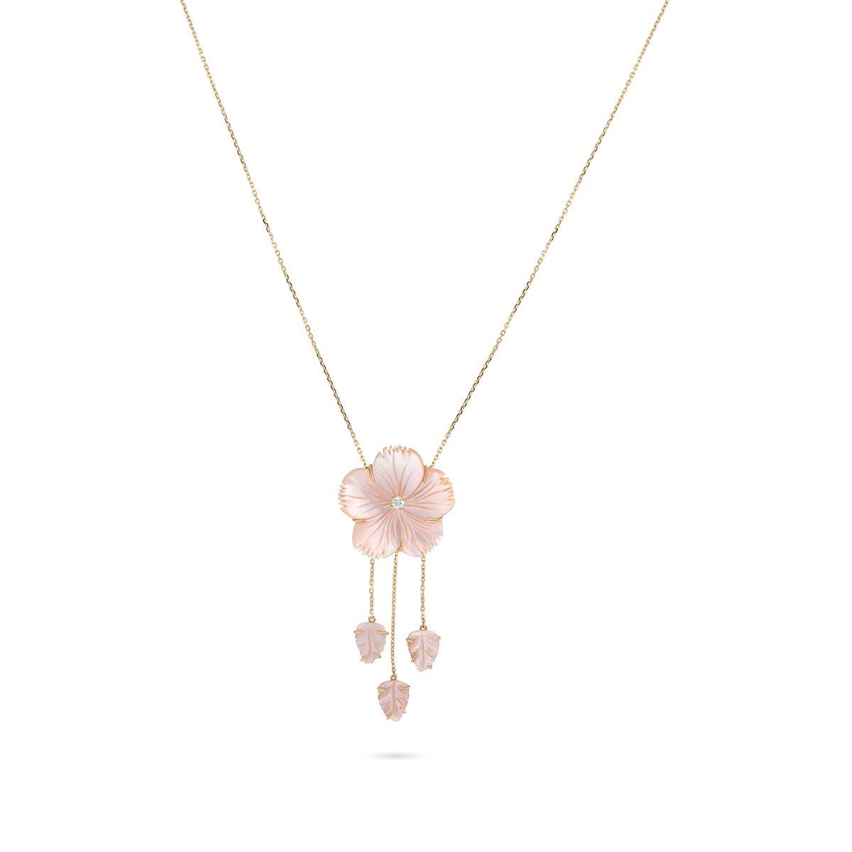 Necklace with a pink floral pendant on a white background