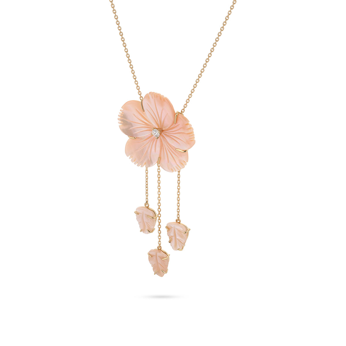 Necklace with a pink floral pendant on a white background