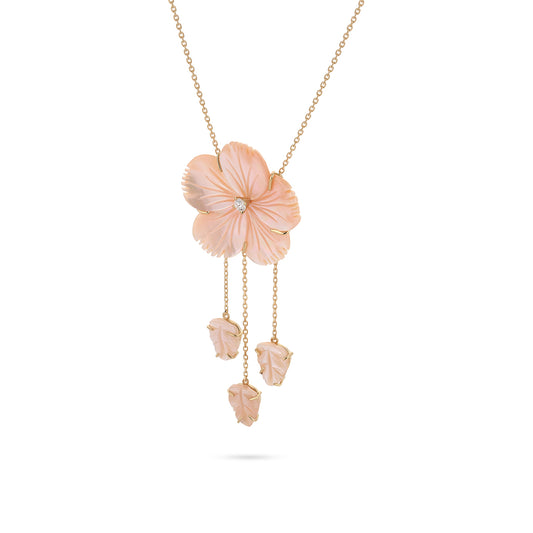 Necklace with a pink floral pendant on a white background