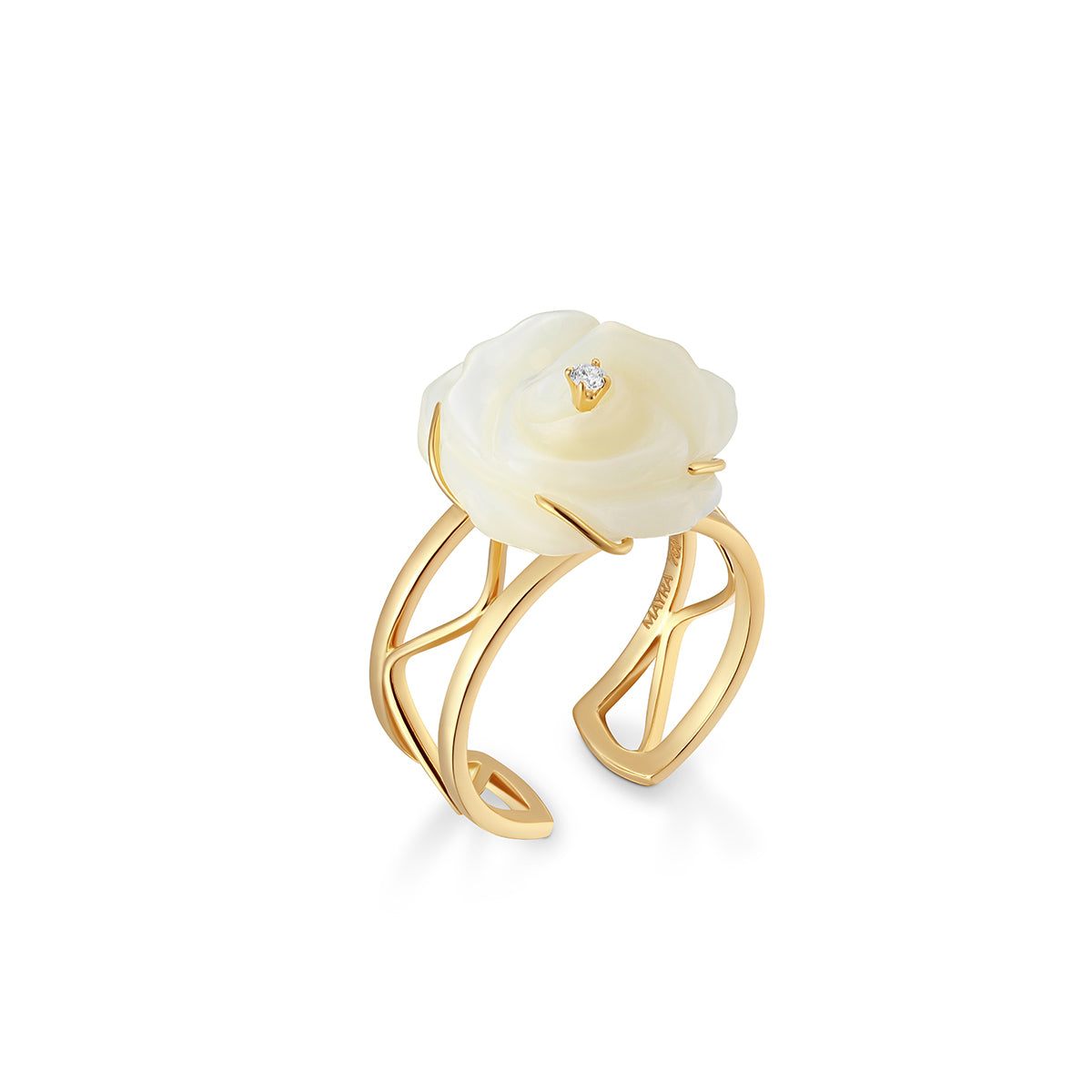Gold ring with a white rose design on a white background