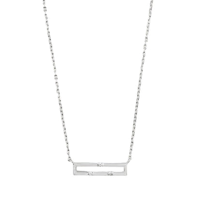 White gold necklace with a rectangular pendant on a white background