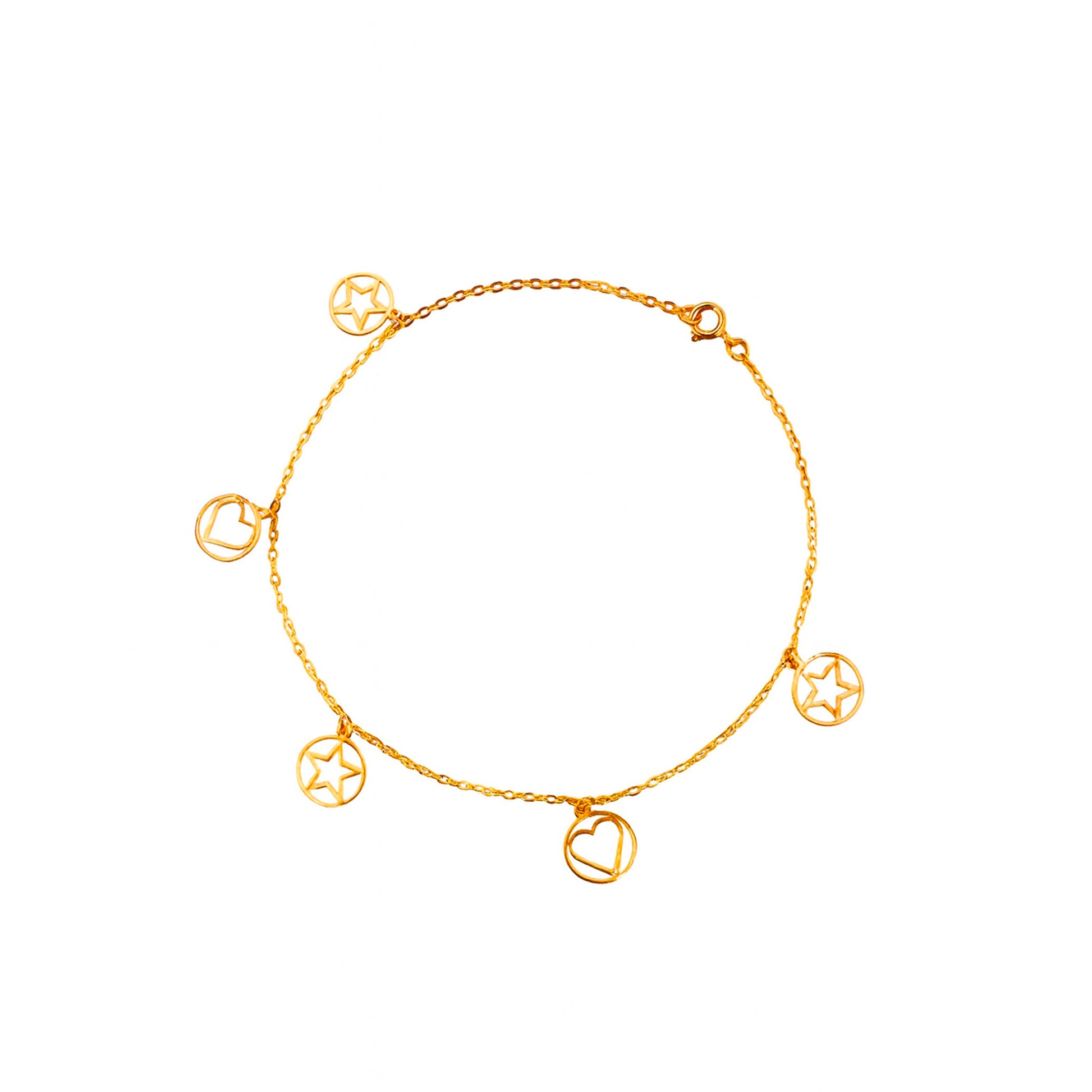 Gold bracelet with star and heart charms on a white background