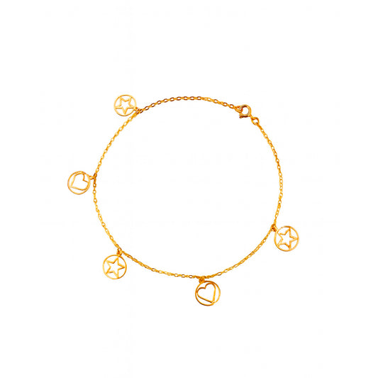 Gold bracelet with star and heart charms on a white background