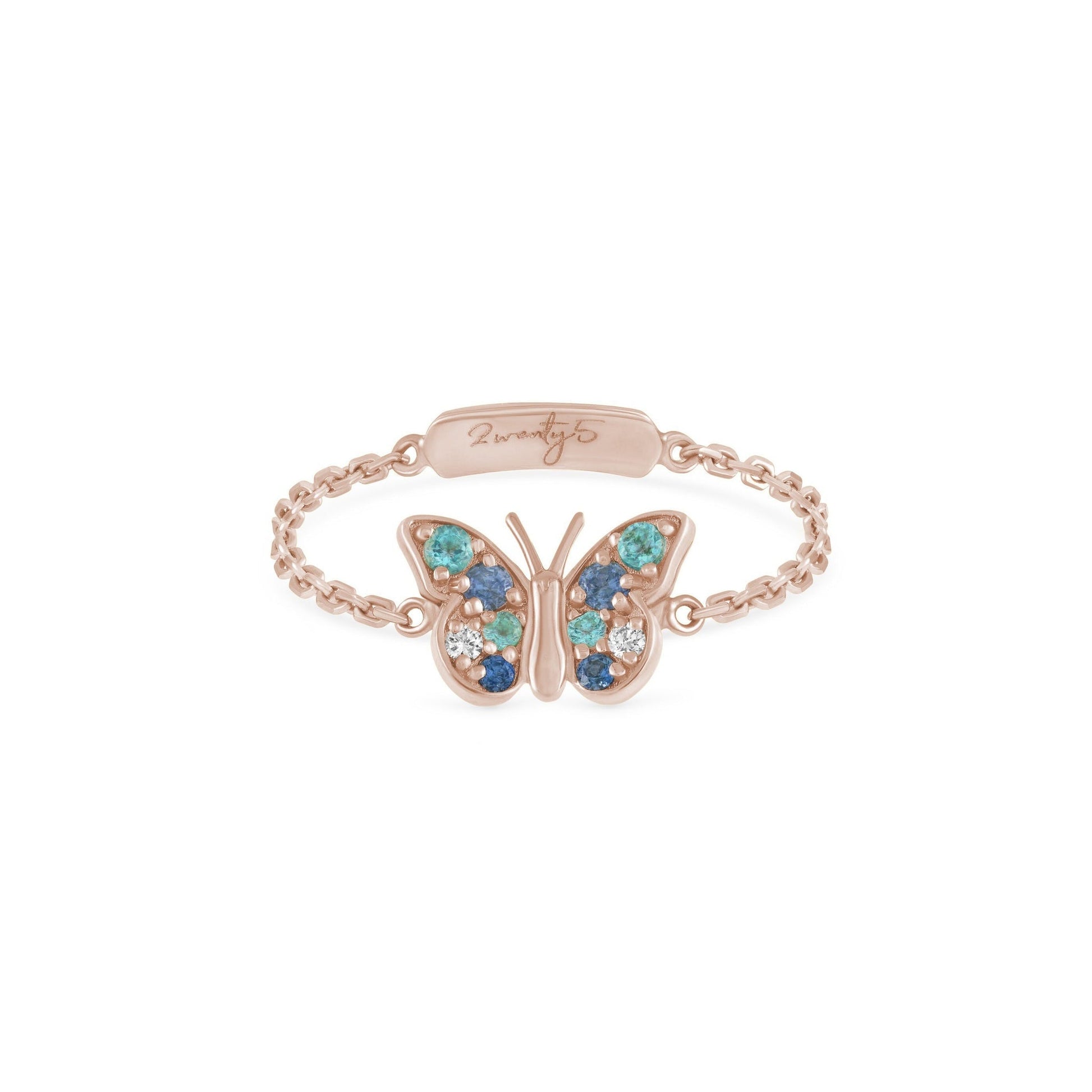 By2wenty5 Butterfly Chain Ring in 18K yellow gold with aquamarine, blue sapphire and diamonds