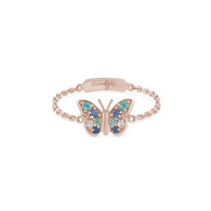 By2wenty5 Butterfly Chain Ring in 18K yellow gold with aquamarine, blue sapphire and diamonds