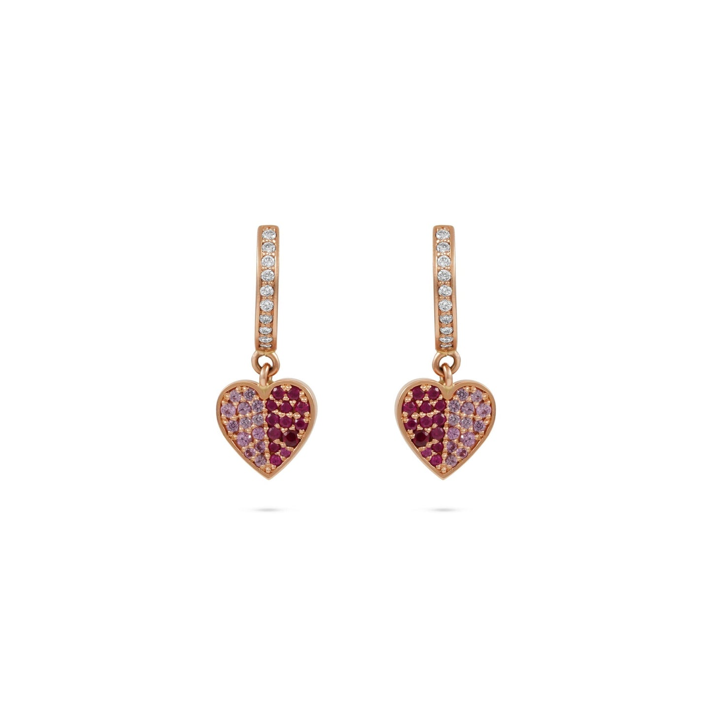 By2wenty5 Dangling Heart Earrings in 18K rose gold with ruby and pink sapphire