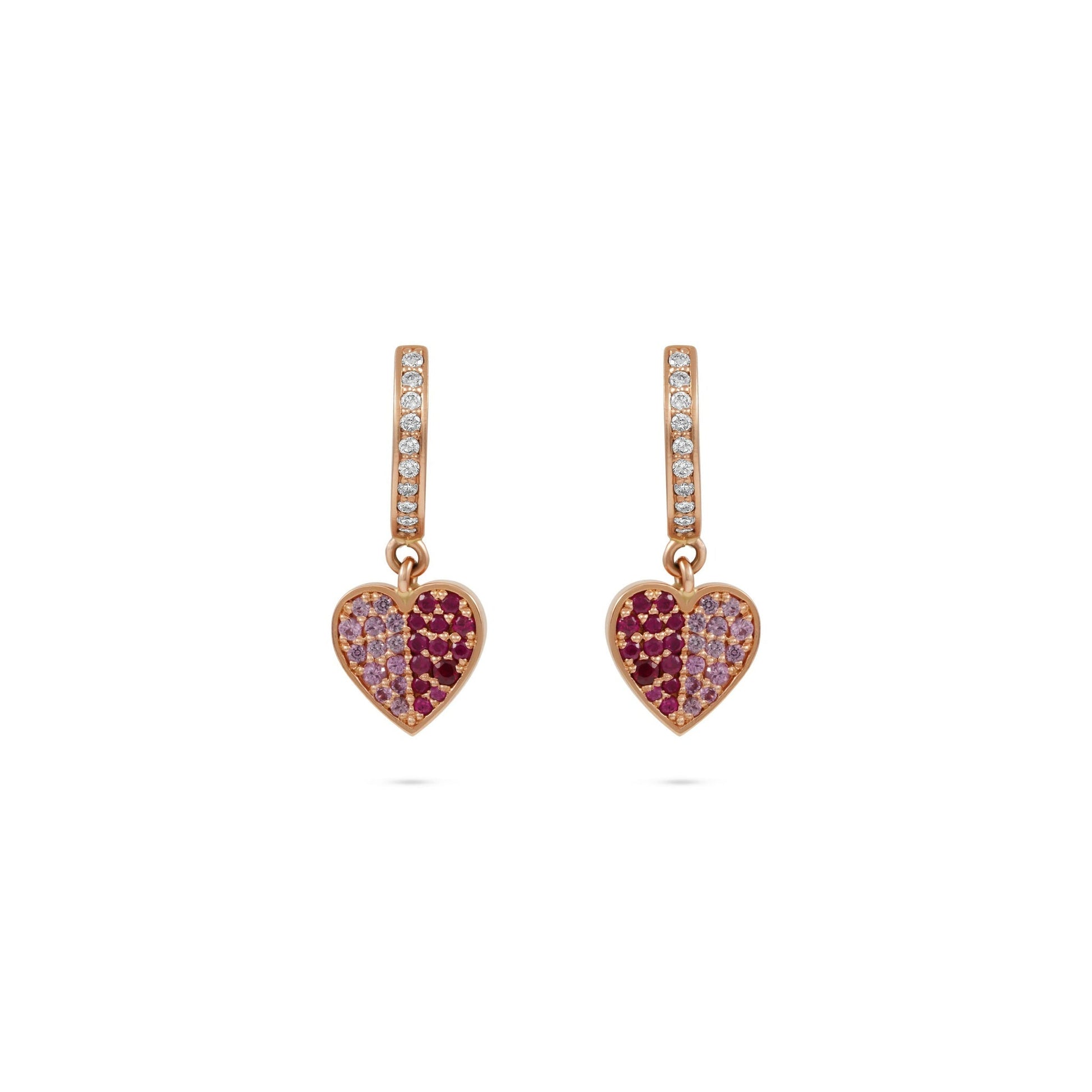 By2wenty5 Dangling Heart Earrings in 18K rose gold with ruby and pink sapphire