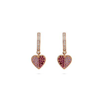 By2wenty5 Dangling Heart Earrings in 18K rose gold with ruby and pink sapphire