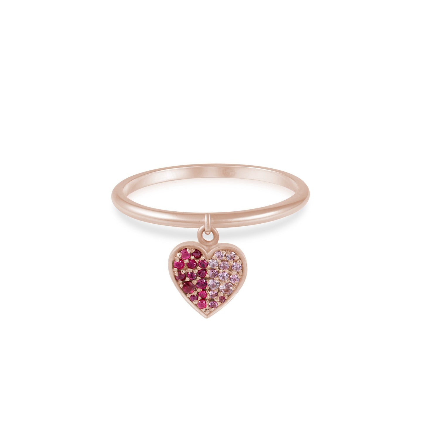 By2wenty5 Dangling Heart Ring in 18K rose gold with ruby and pink sapphire