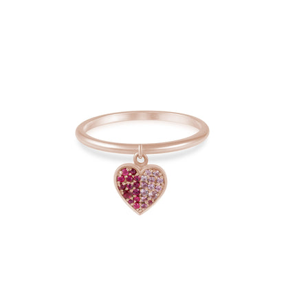 By2wenty5 Dangling Heart Ring in 18K rose gold with ruby and pink sapphire