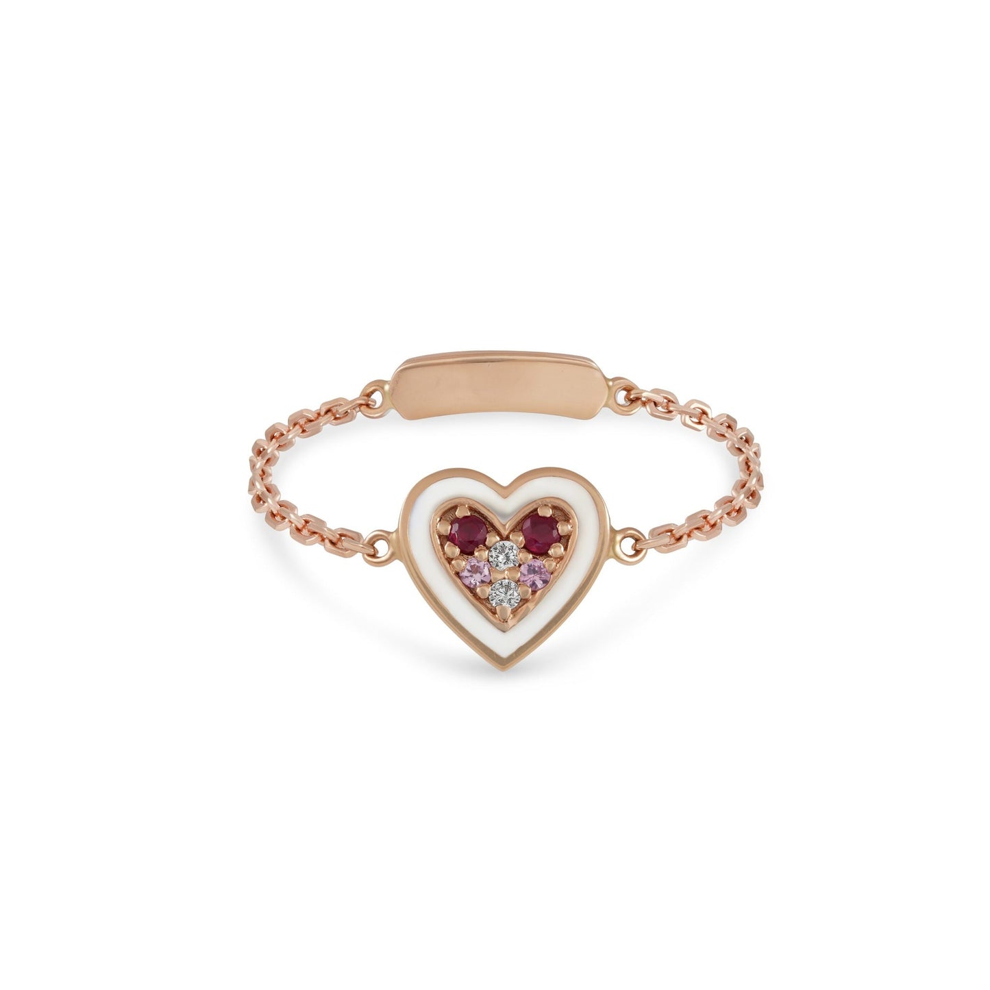 By2wenty5 Heart Chain Ring in 18K rose gold with ruby, pink sapphire and diamonds