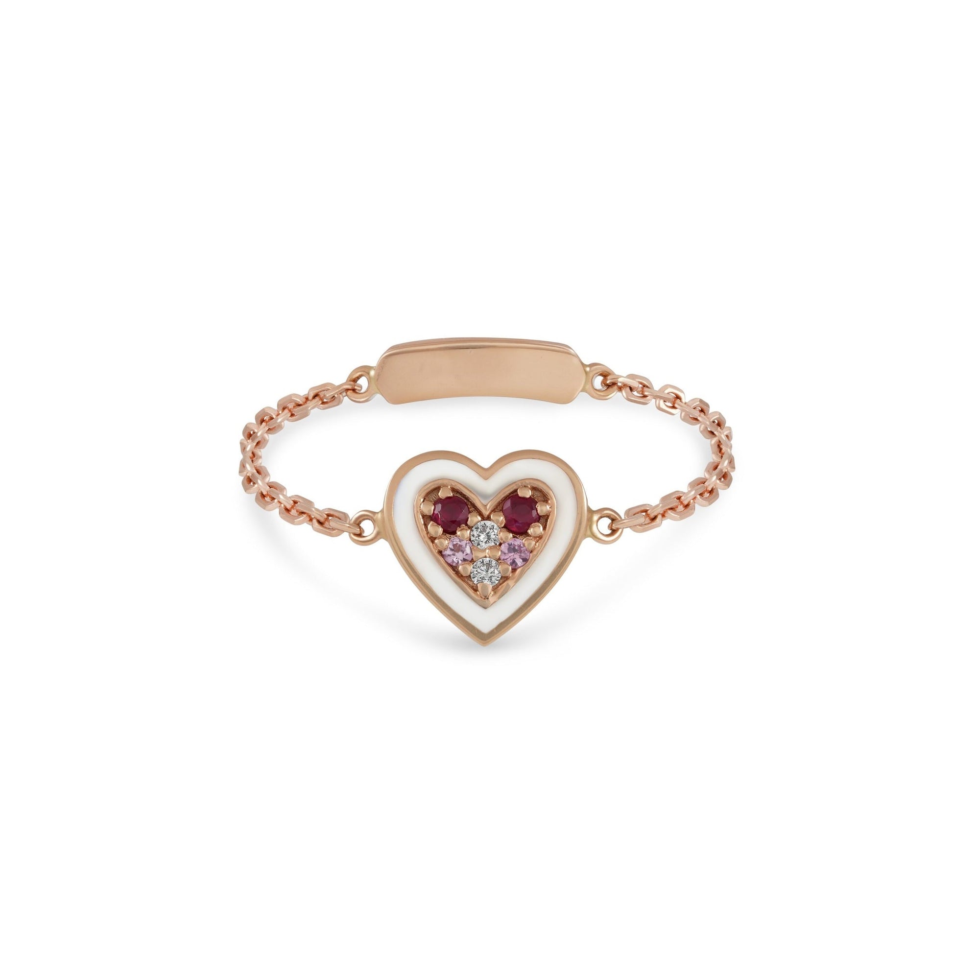 By2wenty5 Heart Chain Ring in 18K rose gold with ruby, pink sapphire and diamonds