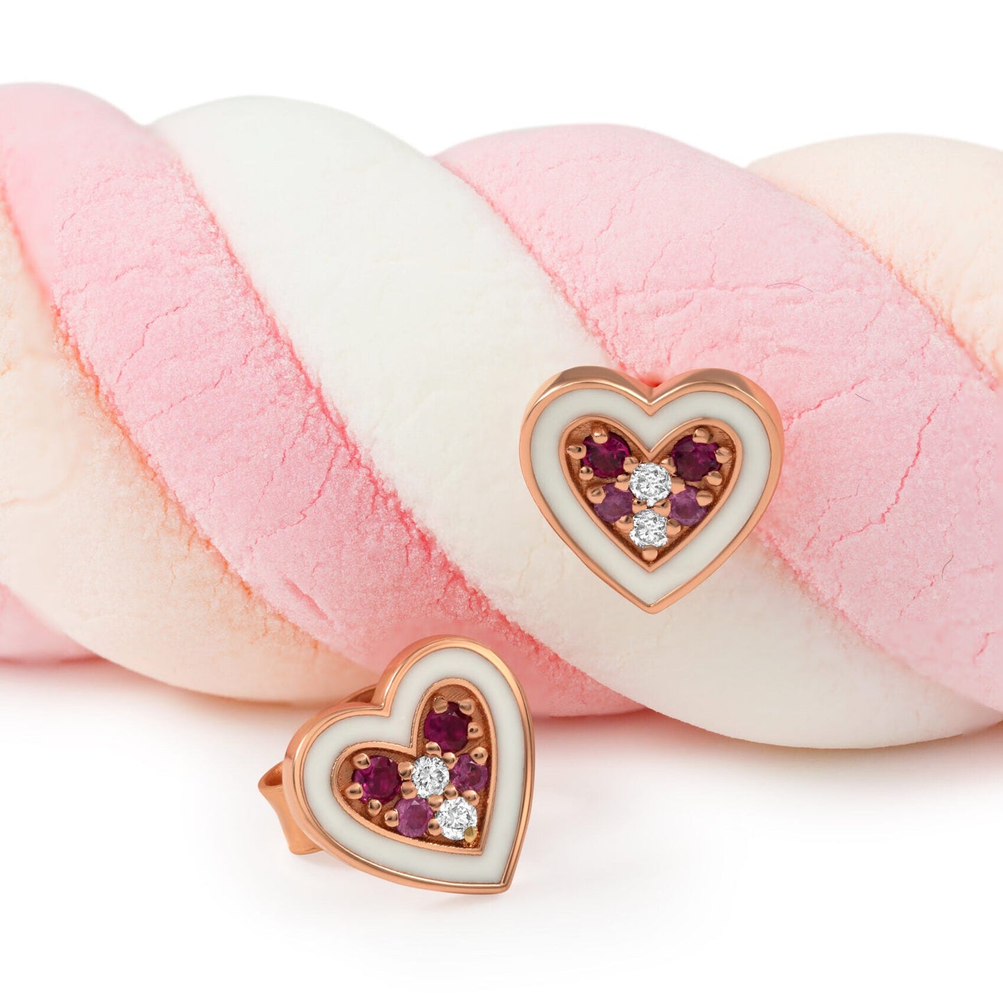 By2wenty5 Heart Studs in 18K rose gold with ruby, pink sapphire and diamonds