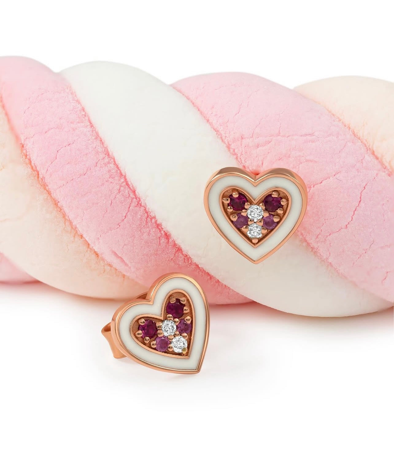 By2wenty5 Heart Studs with white enamel and precious stones