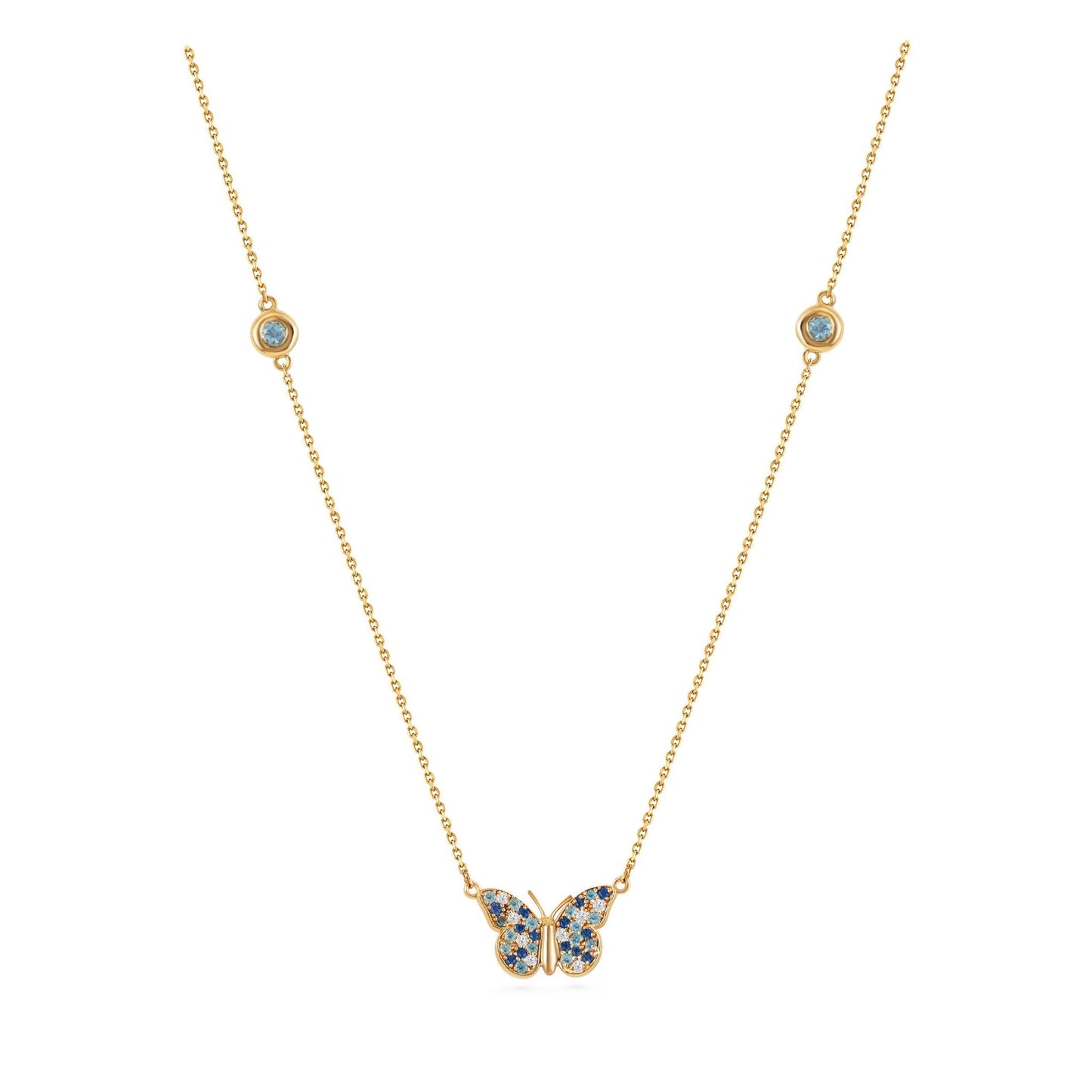 By2wenty5 Large Butterfly Necklace in 18K yellow gold with aquamarine, blue sapphire and diamonds