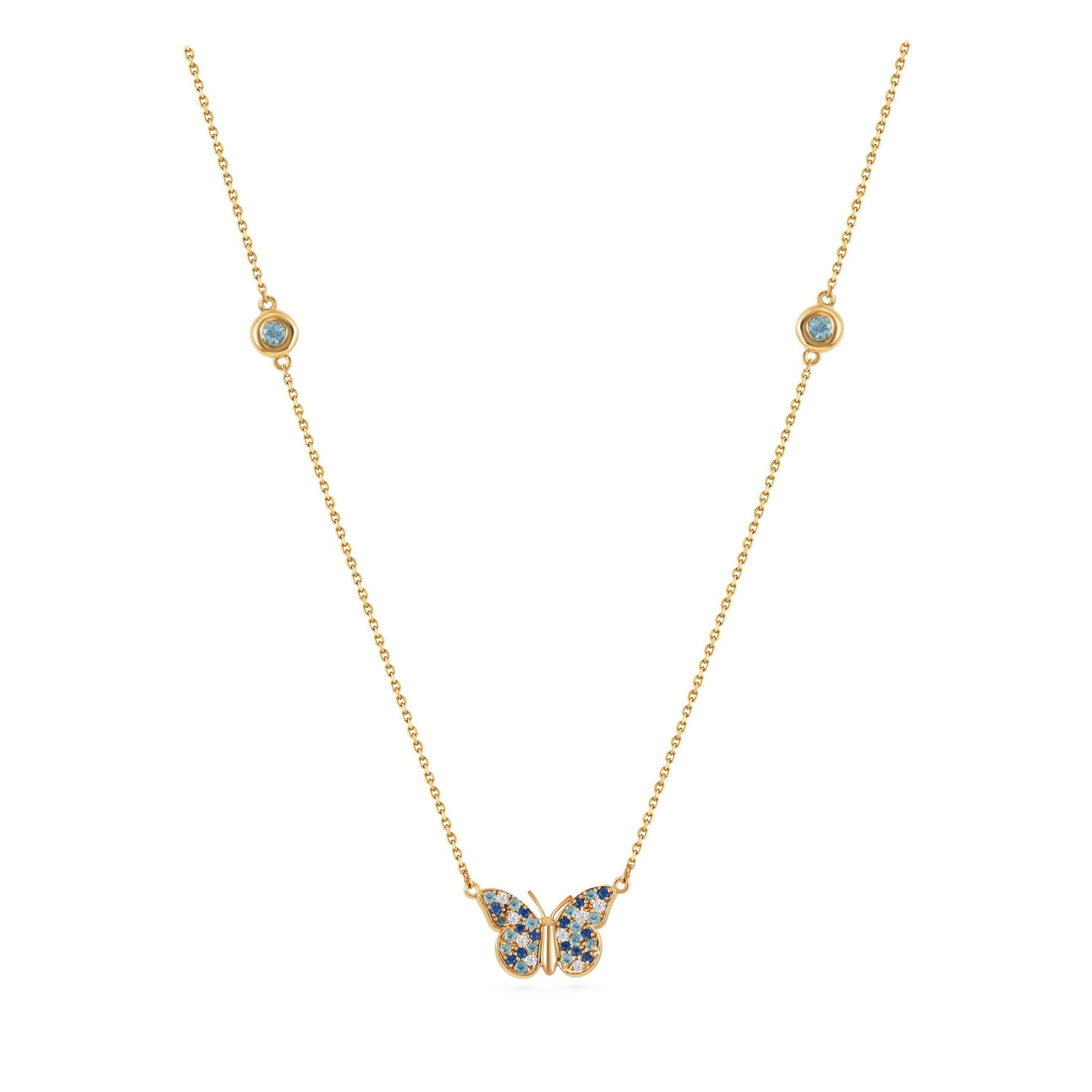 By2wenty5 Large Butterfly Necklace in 18K yellow gold with aquamarine, blue sapphire and diamonds