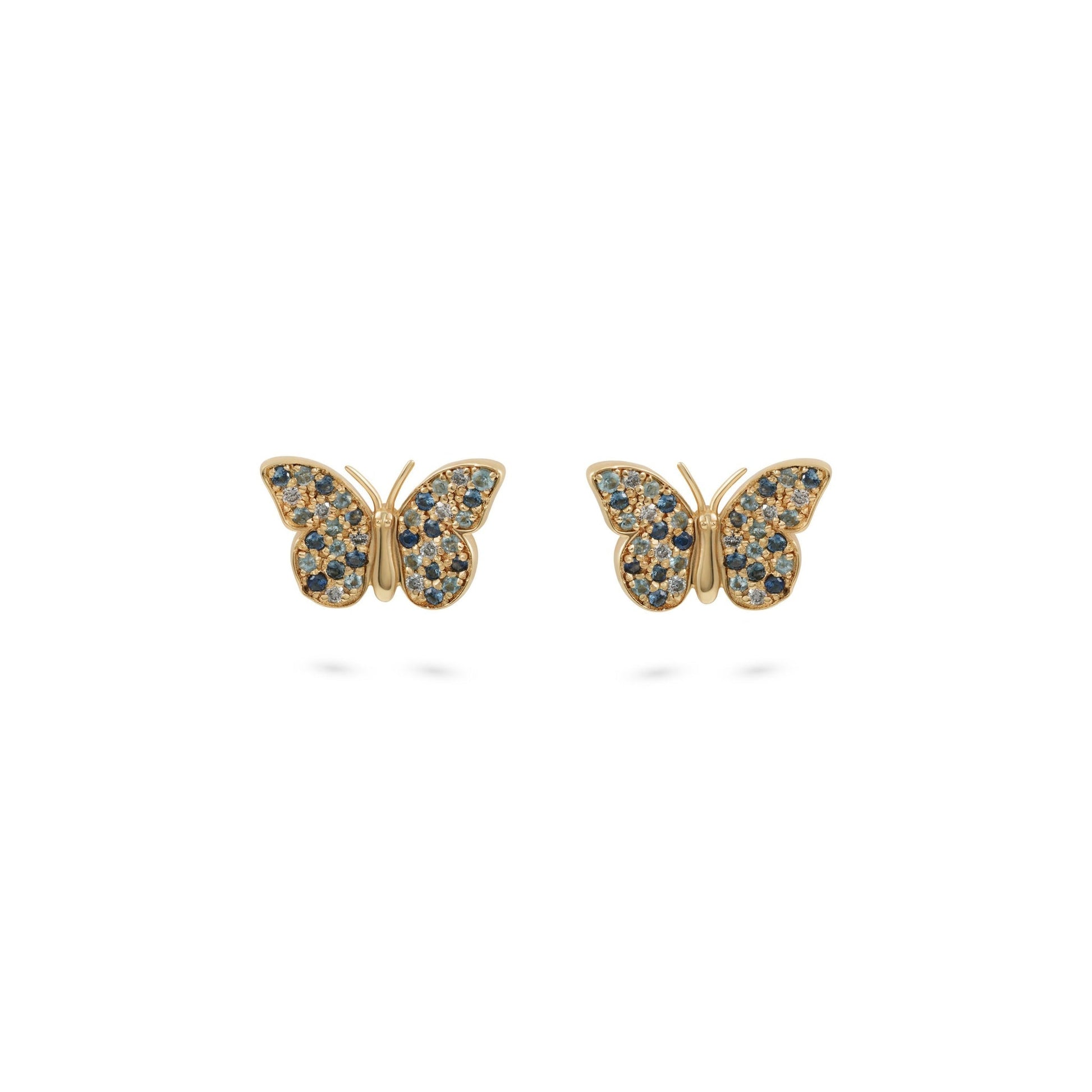 By2wenty5 Large Butterfly Studs in 18K yellow gold with aquamarine, blue sapphire and diamonds
