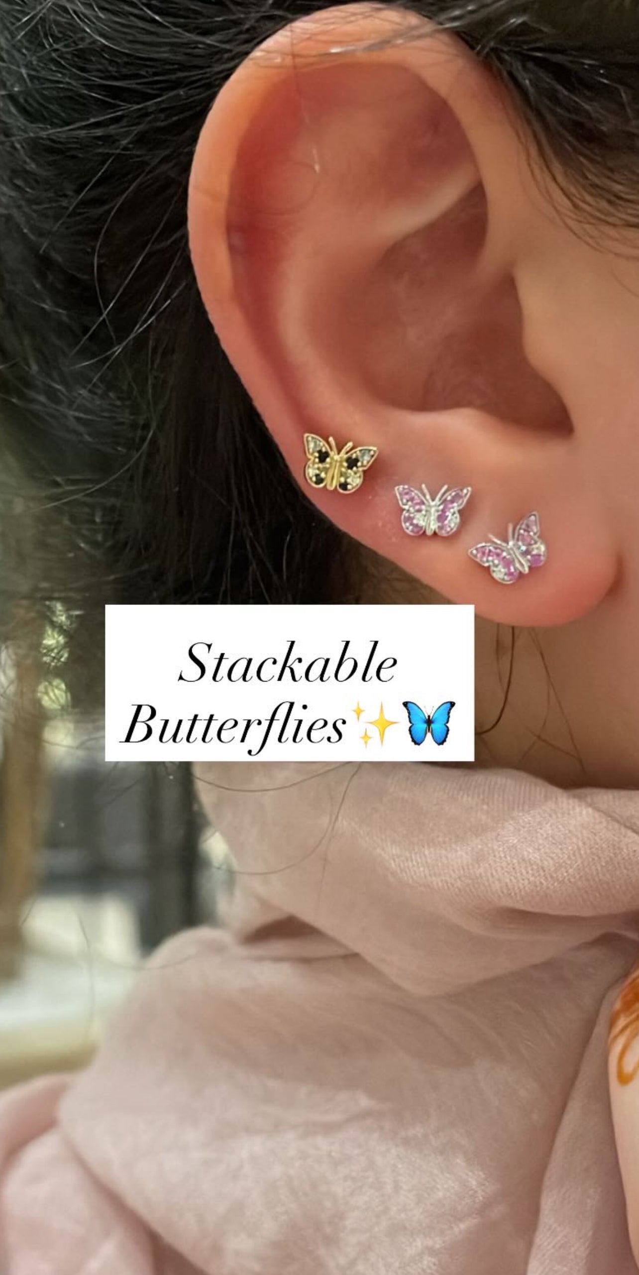 By2wenty5 Small Butterfly Studs worn in a stacked ear look
