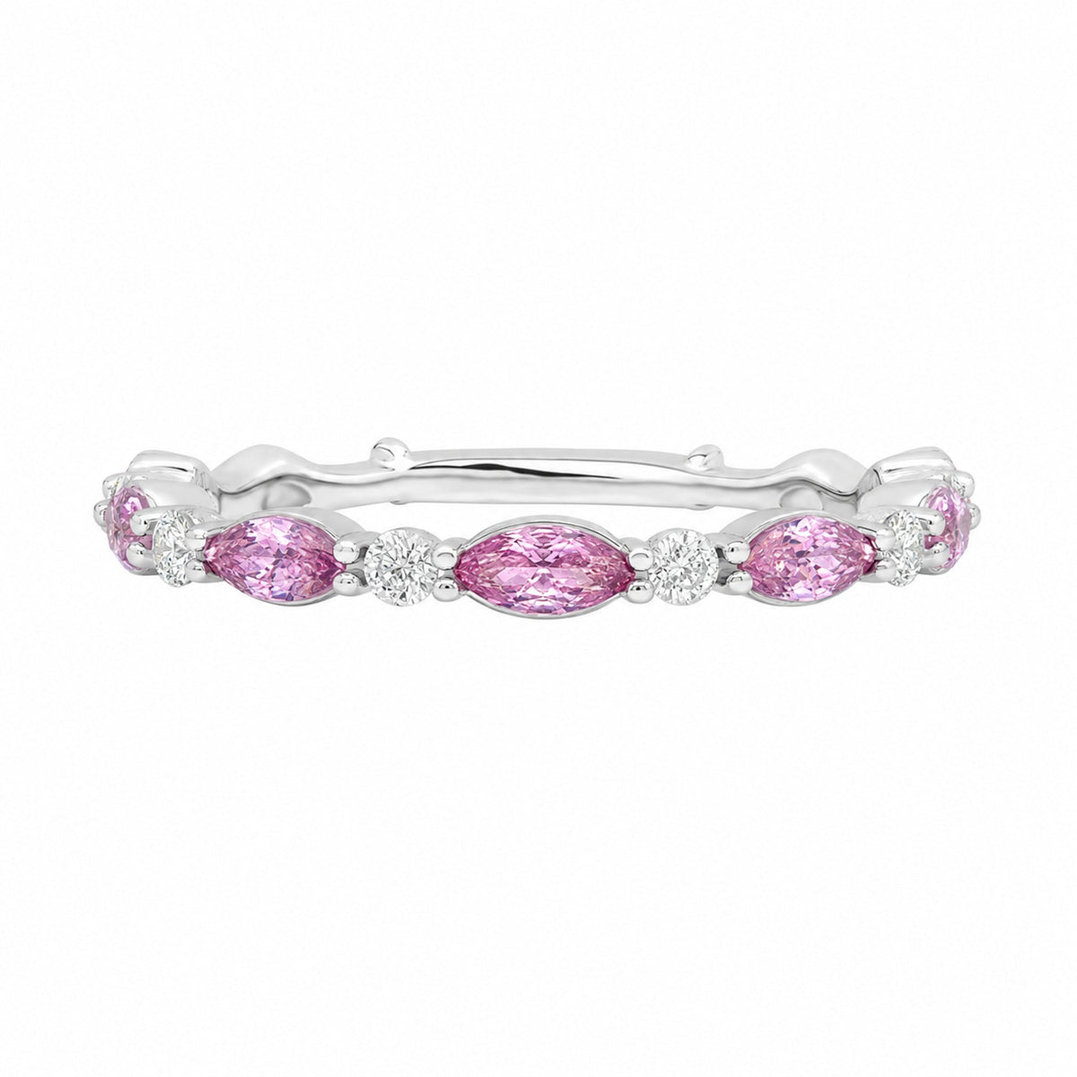 Caleums Pink Aura Eternity Ring in 18k white gold with pink sapphires and diamonds on a white background