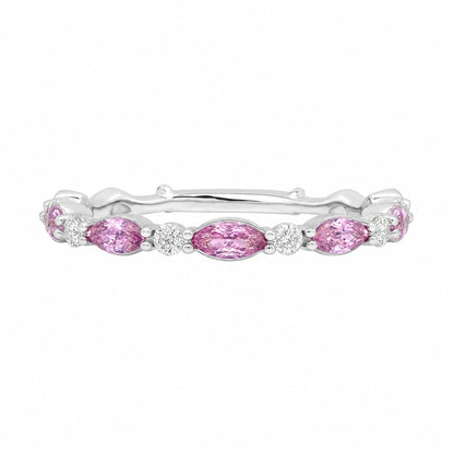 Caleums Pink Aura Eternity Ring in 18k white gold with pink sapphires and diamonds on a white background