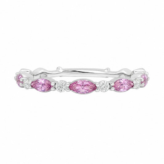 Caleums Pink Aura Eternity Ring in 18k white gold with pink sapphires and diamonds on a white background