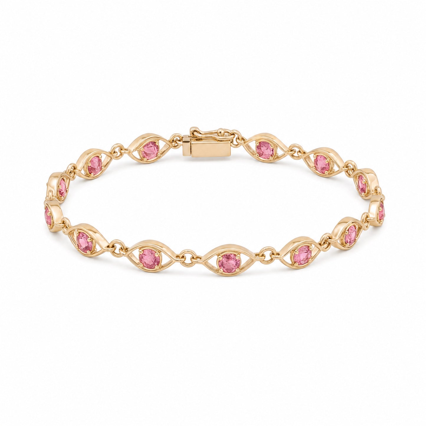 Caleums Sapphire Grace gold and pink sapphire bracelet on a white background