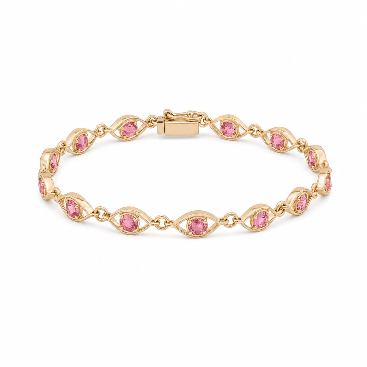 Caleums Sapphire Grace gold and pink sapphire bracelet on a white background