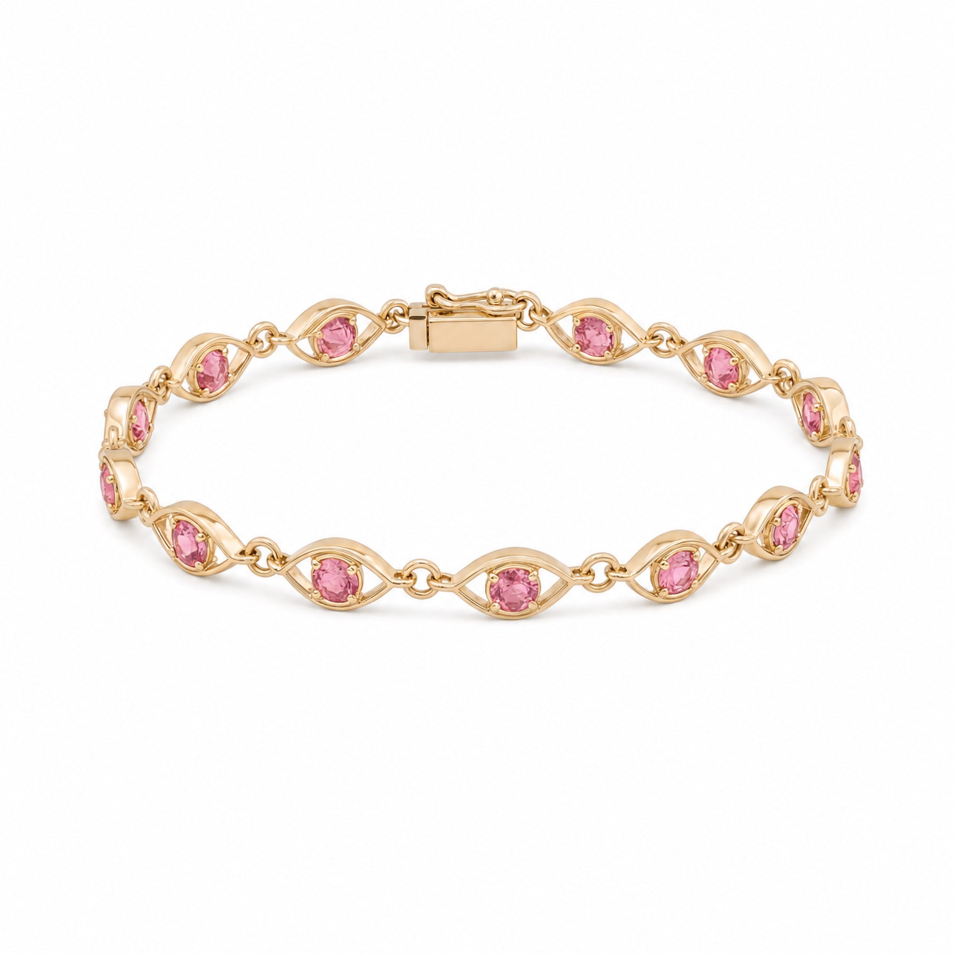 Caleums Sapphire Grace gold and pink sapphire bracelet on a white background