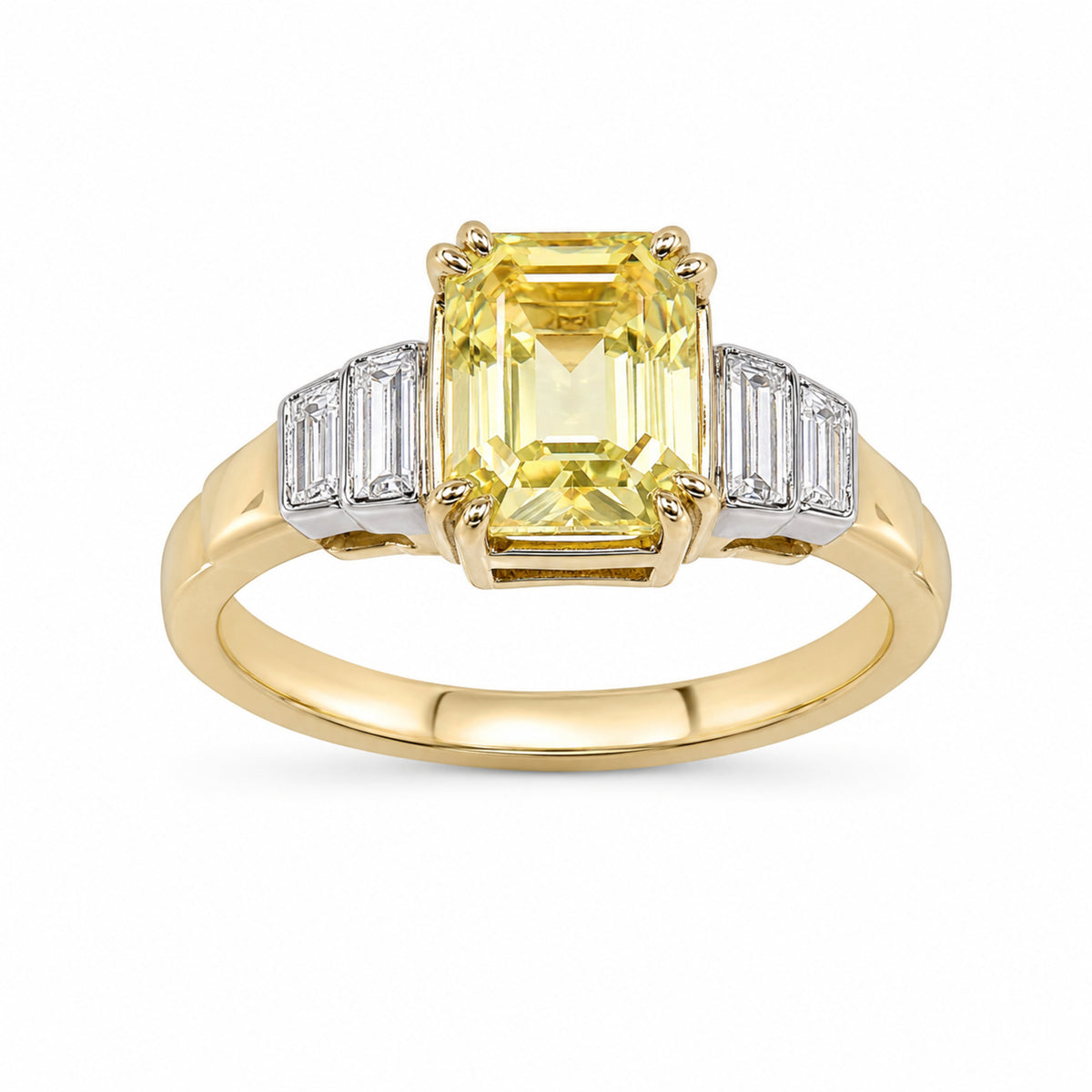 Caleums Sunlit Flare yellow sapphire and diamond ring on a white background