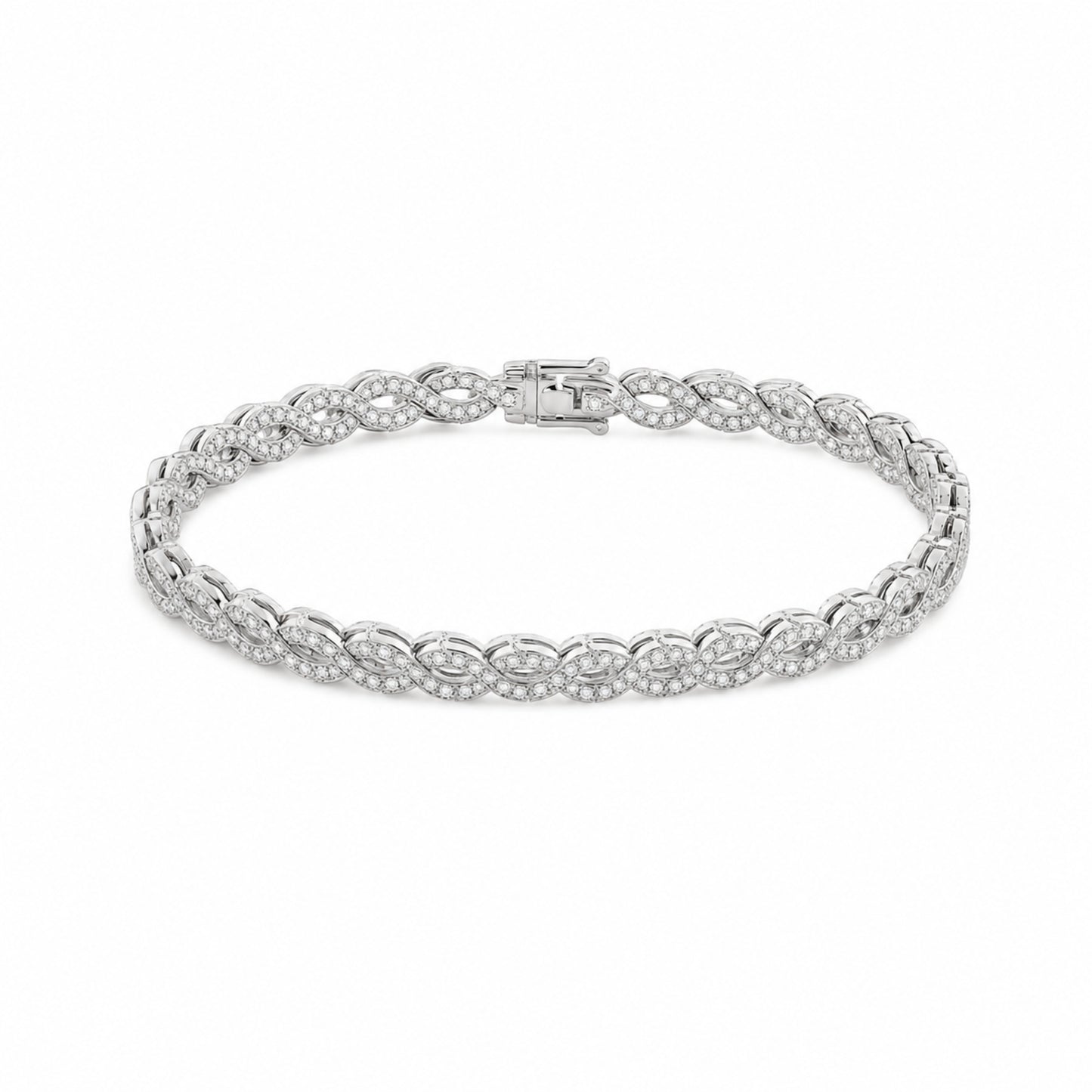 Caleums Yin and Yang white gold diamond bracelet on a white background