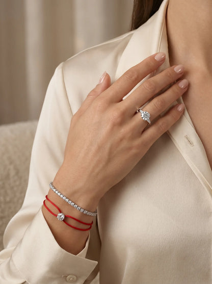 Satin Cord Bracelet in red, styled on wrist