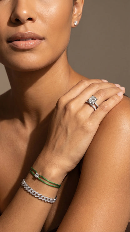 Dennis Luxe green satin cord bracelet, styled jewellery lifestyle view