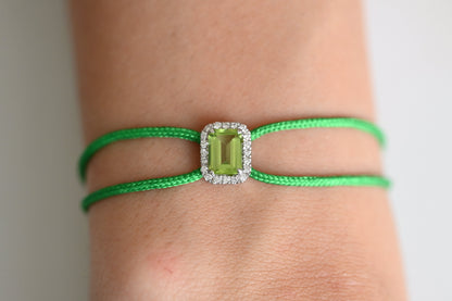 Dennis Luxe green satin cord bracelet, close-up on wrist