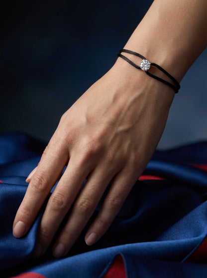 Dennis Luxe black satin cord bracelet, model lifestyle view