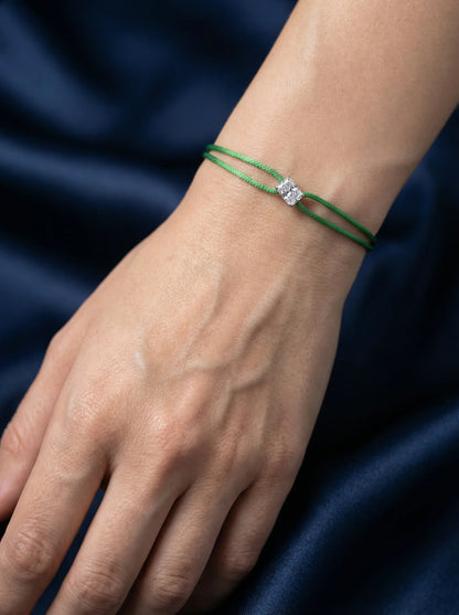 Dennis Luxe green satin cord bracelet, model lifestyle view