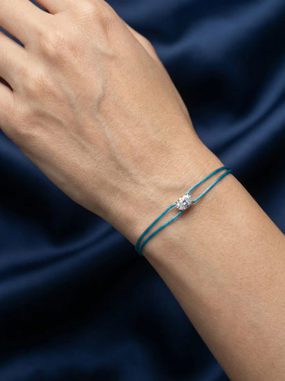 Dennis Luxe blue satin cord bracelet, model lifestyle view