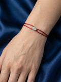 Dennis Luxe red satin cord bracelet, model lifestyle view