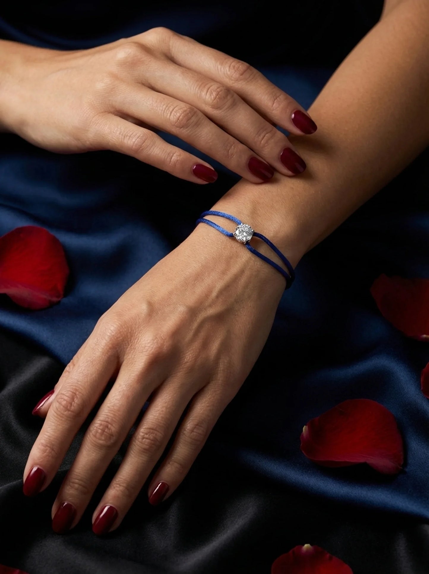Dennis Luxe satin cord bracelet, editorial lifestyle view