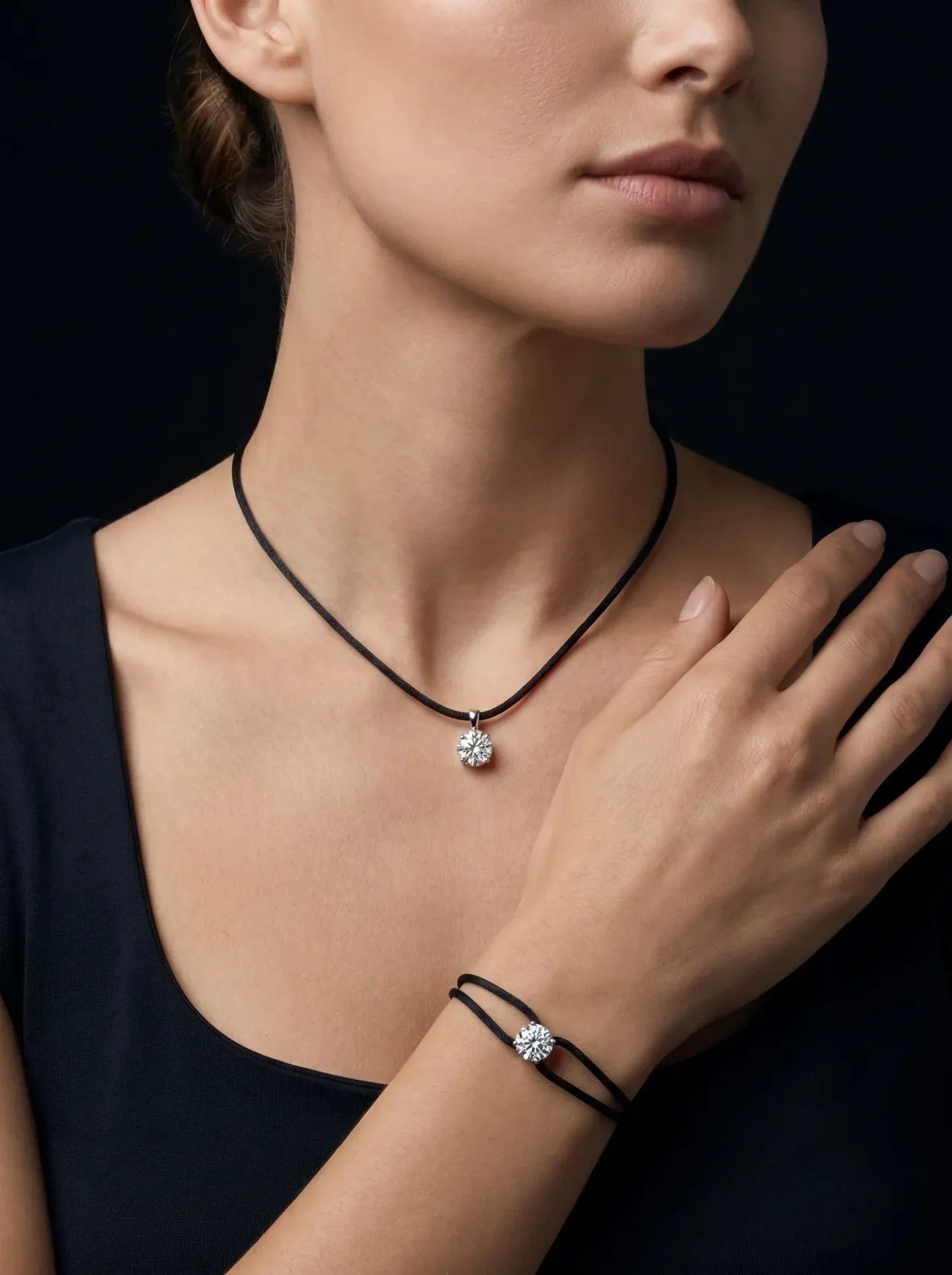 Satin Cord Necklace in black, model view