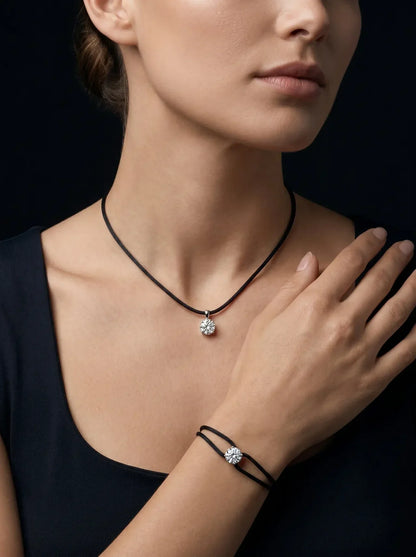 Satin Cord Necklace in black, model view