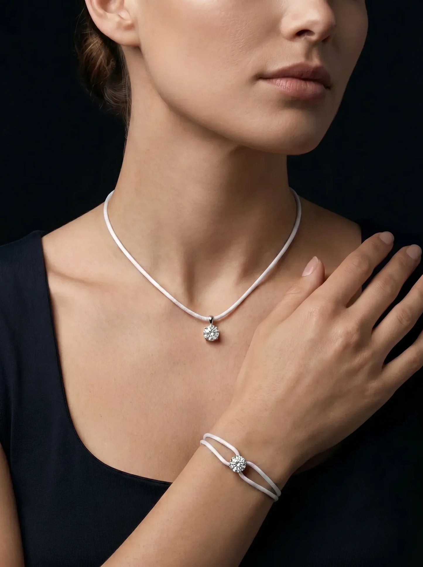 Satin Cord Necklace in white, model view