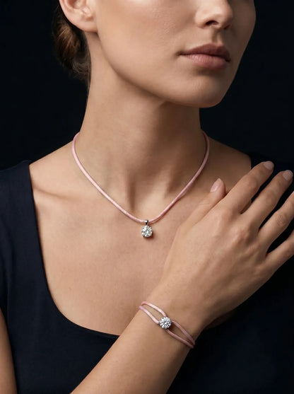 Satin Cord Necklace in pink, model view