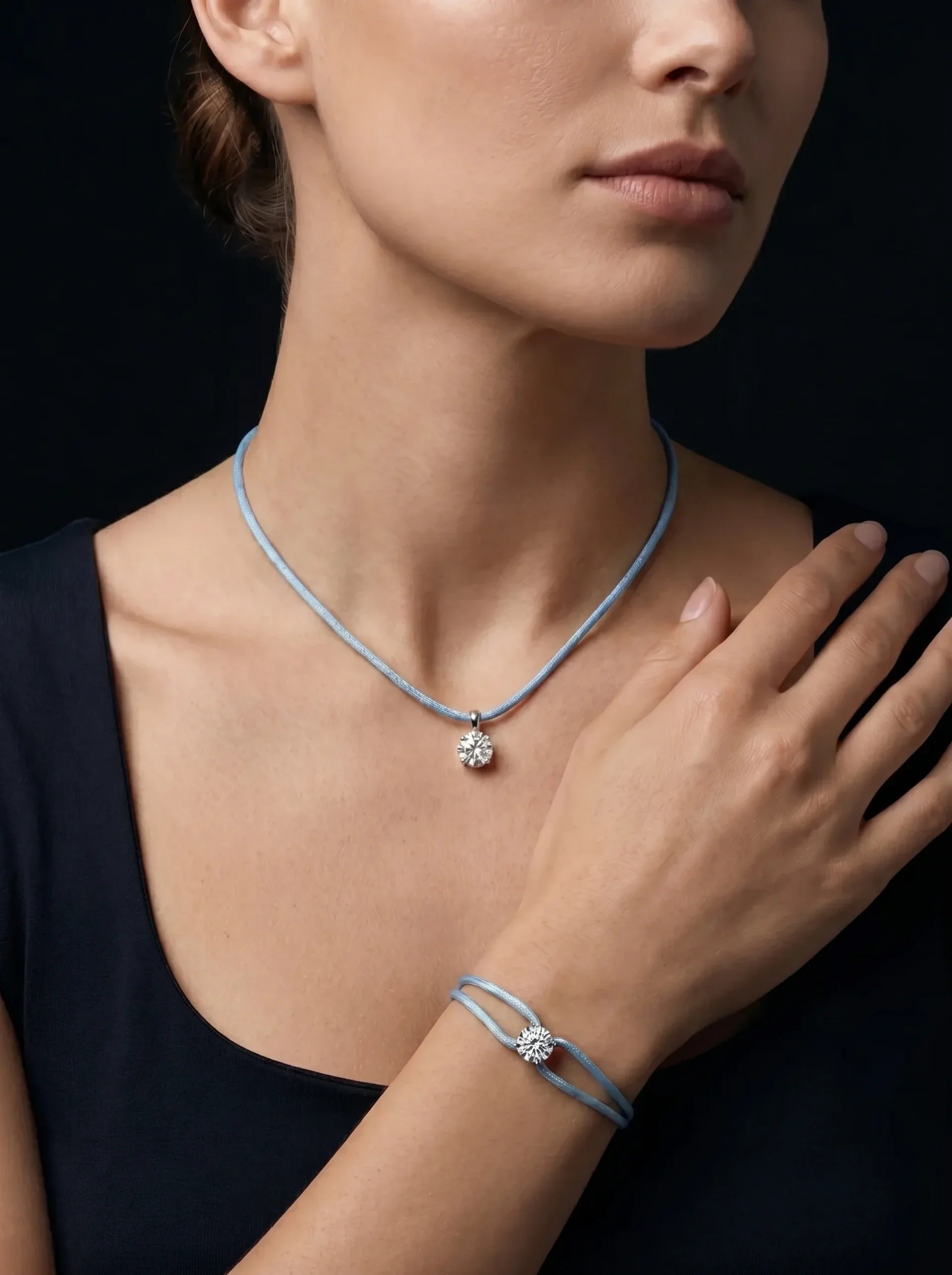 Satin Cord Necklace in light blue, model view