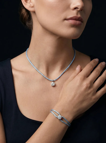 Satin Cord Necklace in light blue, model view